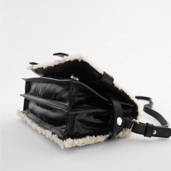 Zara Sherpa Fleece Leather Crossbody Sactchel with Faux Shearling - Picture 8 of 14